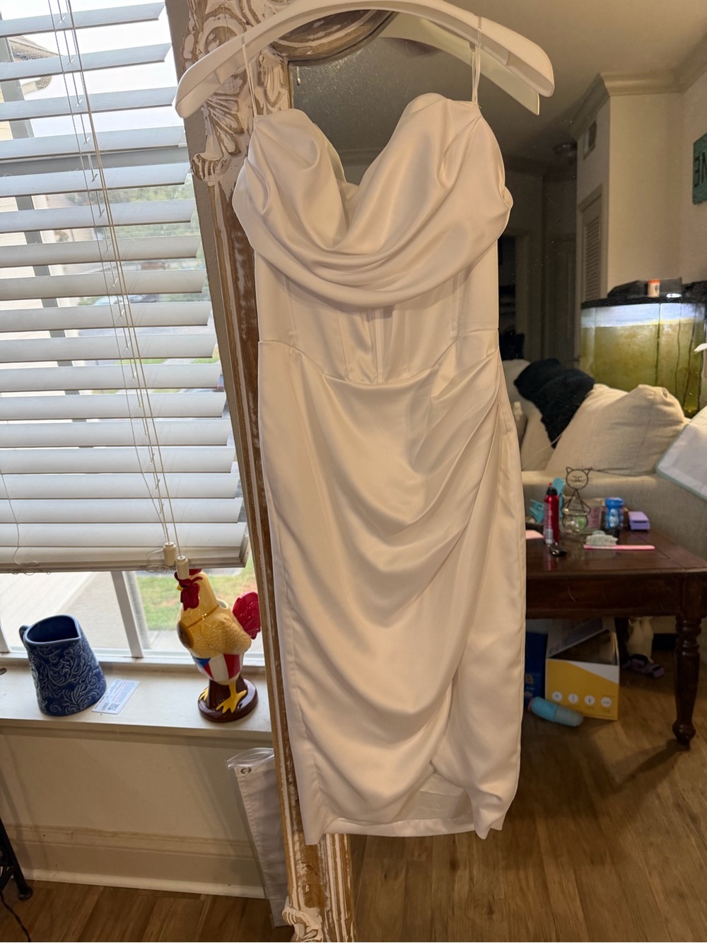 White Draped Satin Spaghetti-Strap Dress